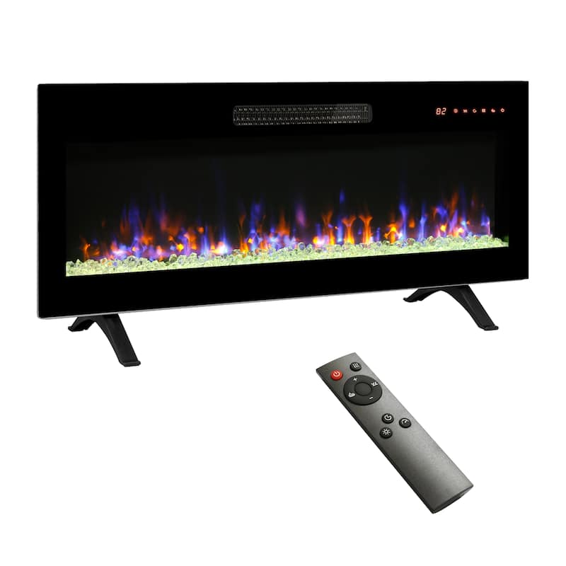 42 inch recessed ultra thin tempered glass front wall mounted electric fireplace with remote and multi color flame - Black