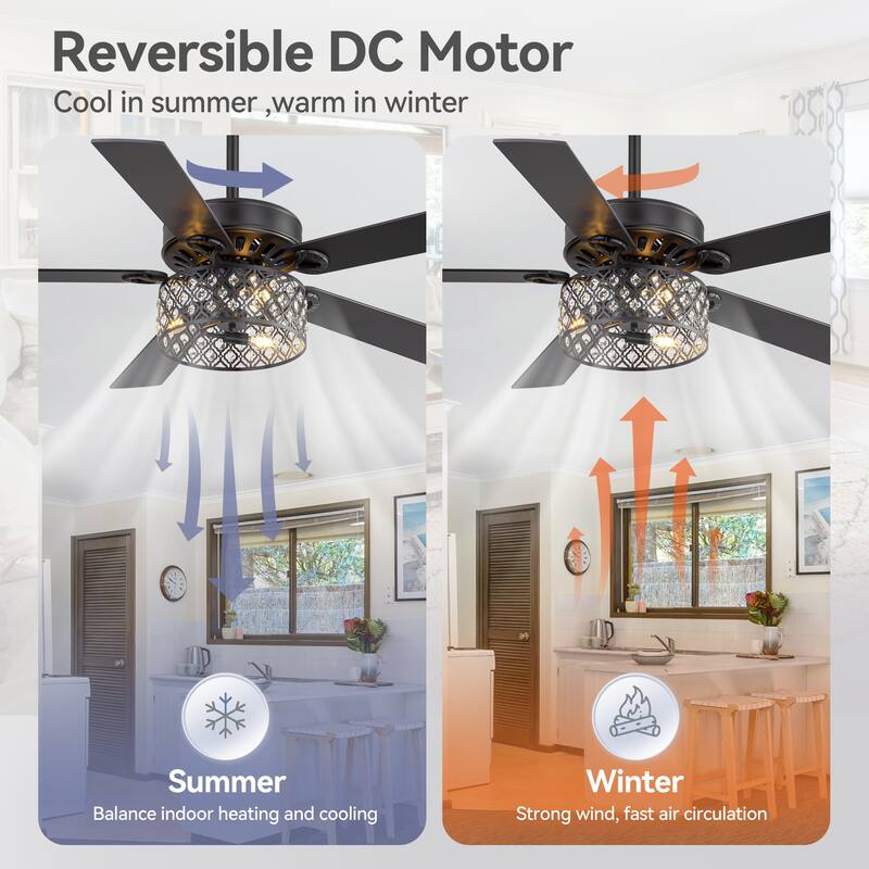 52-inch Reversible 5-Blade Crystal Ceiling Fan with Light and Remote