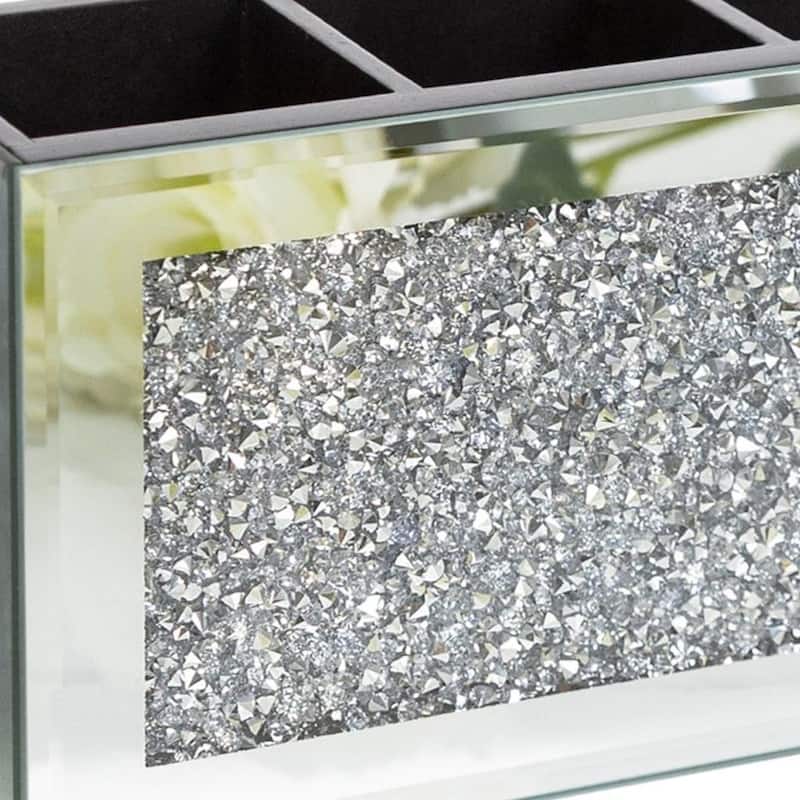 9" Silver Mirrored Glass Four Section Jewelry Organizer With Faux Crystals