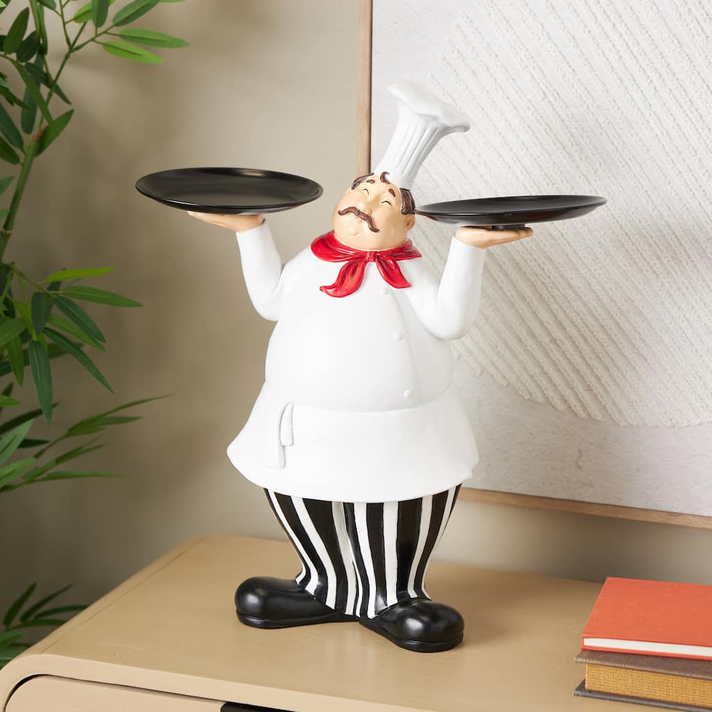 White Polystone Kitchen Decorative Figurine Chef Decorative Sculpture with Black Trays