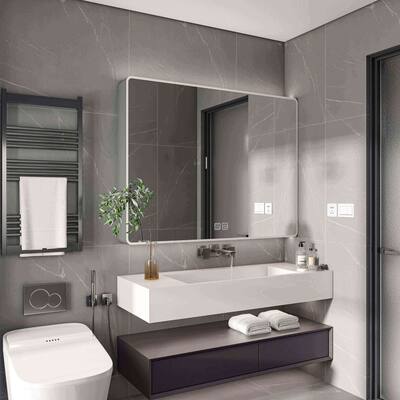 Medicine Cabinet Mirror with LED Light, Defogging Function, Cosmetic Storage Rack, and Hair Dryer Holder - 27.56X35.43 in