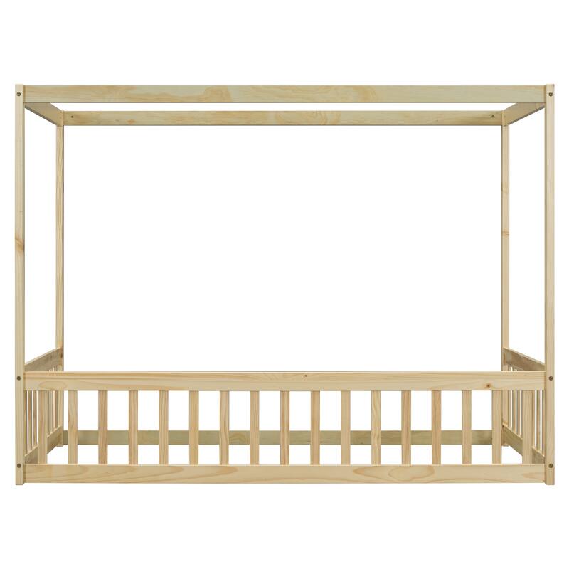 Twin Size Canopy Frame Floor Bed with Fence