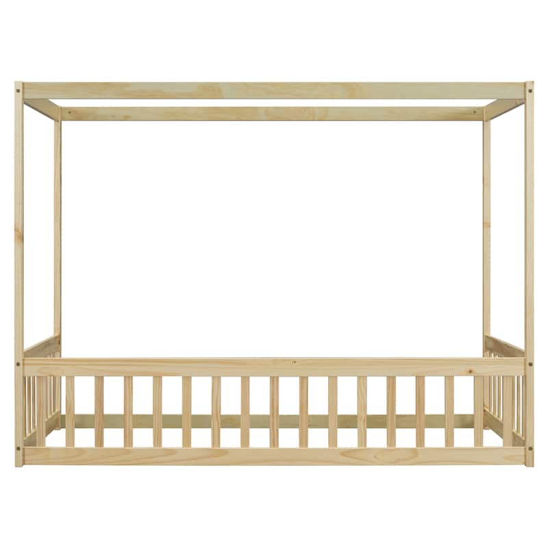 Wood Canopy Frame Floor Bed with Fence,Guardrails