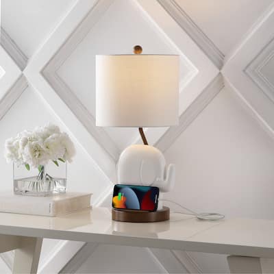 Campana 20.25" Bohemian Designer Iron/Resin Elephant LED Kids Table Lamp with Phone Stand and USB Charging Port, by JONATHAN Y