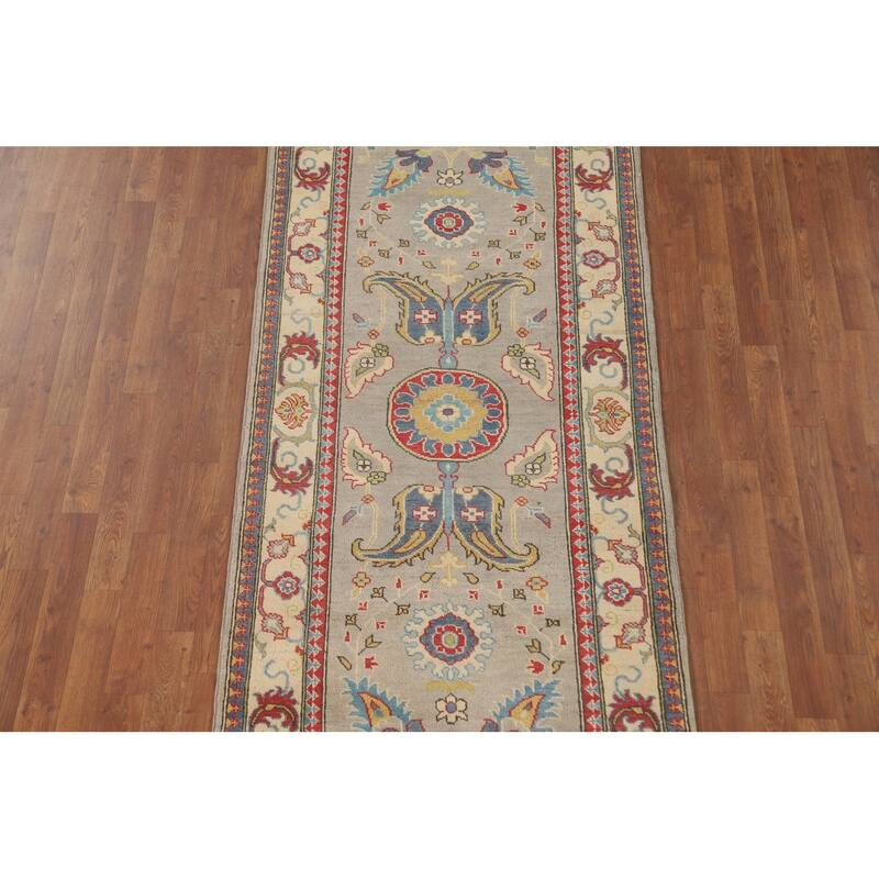 Kazak Runner Rug Hand-Knotted Floral Wool Carpet - 3'3" x 9'8"
