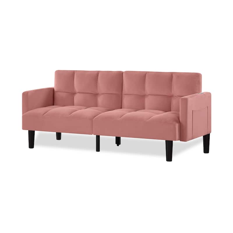 Versatile Adjustable Futon Couch Convertible Velvet Sleeper Sofa Bed with USB, Side Pockets, Chevron Tufting and Tapered Legs