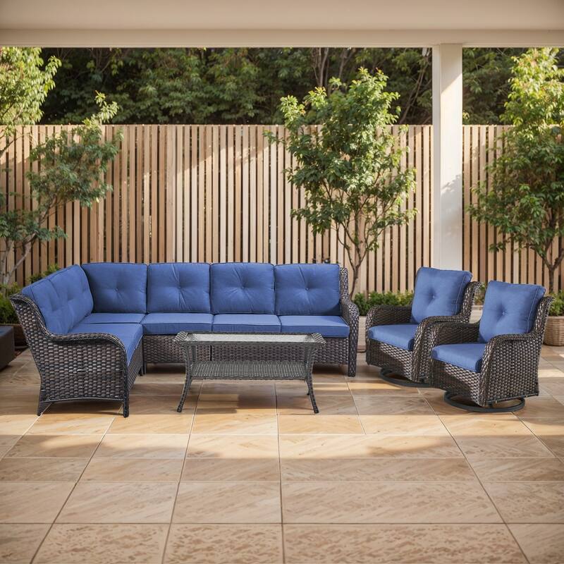 Outdoor Conversation Sets 2 Sectional Sofa Furniture - Sectional Sofa with Table and Swivel Chair - Brown Rattan - Blue Cushion