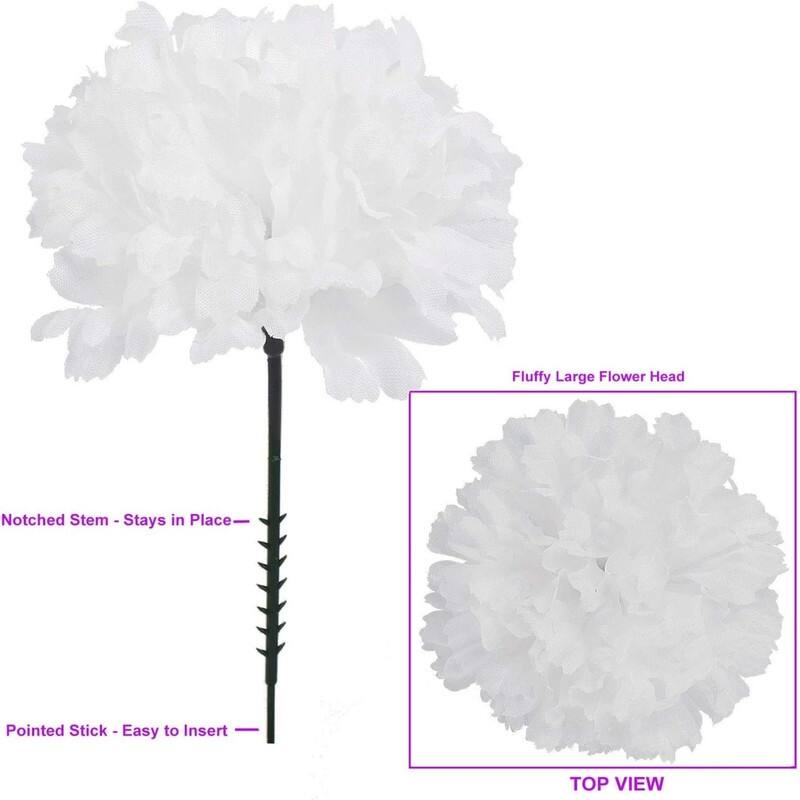 White Silk Carnation Picks, Artificial Flower Heads for Weddings