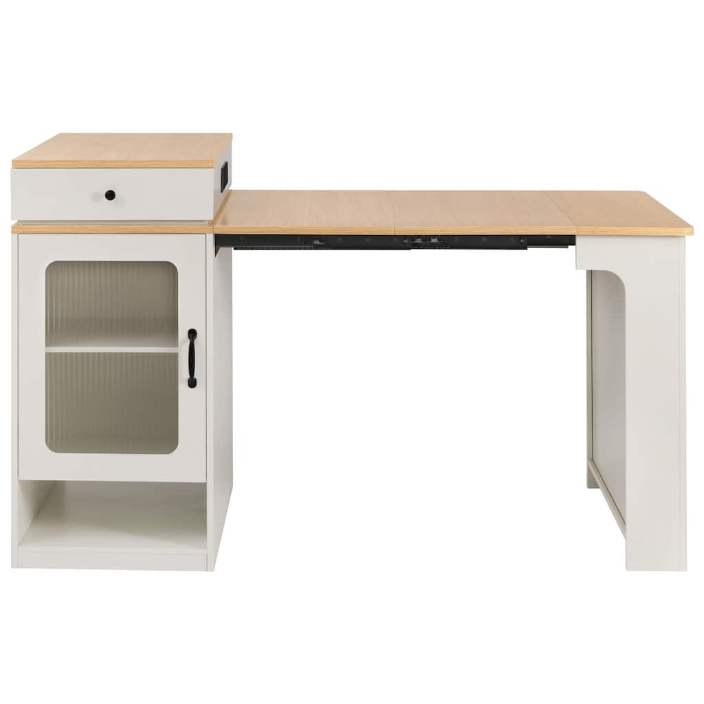 59.5" Kitchen Island with Extendable Table & Power Outlet, Storage Cart with 2 Drawers and Open Shelves