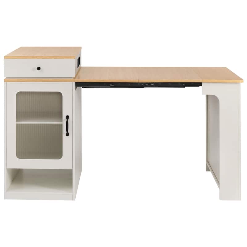 Multi-Functional Kitchen Island, 59.5" Extendable Table with Power Outlet & Double-Sided Storage for Dining & Prep