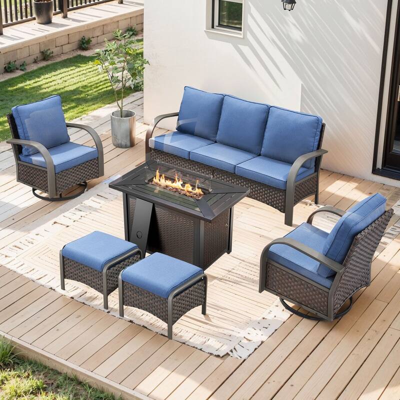 Propane Fire Pit with Outdoor Patio Funiture Set - Brown Rattan - Blue Cushion - 6PCS Sofa Swivel Chair Ottoman with Fire Table