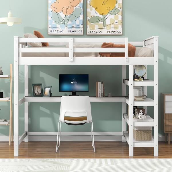 slide 2 of 13, White Loft Frame Bed, Wood Loft Bed with Guardrails, Full Size Loft Bed with Workstation Desk Underneath, Storage Shelves Stairs White - Full