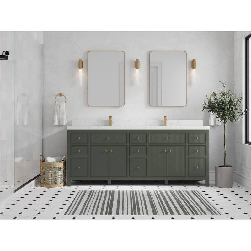 Willow Collections 84 in. W x 22 in. D Sonoma Free Standing Reeded Double Sink Bathroom Vanity with Countertop - 2" Empira White - Pewter Green