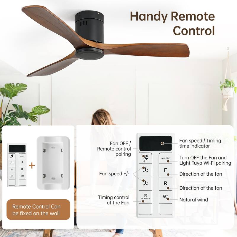 Sofucor 52 Inch Solid Wood Flush Mount Indoor Ceiling Fan without Light,Remote Control,Retractable Blades,Smart Optional