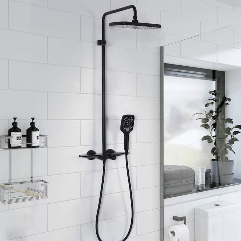 Exposed Pipe Tub and Shower System with Hand Shower Brass Thermostatic Brass Wall Mount Complete Shower Faucet with Tub Spout