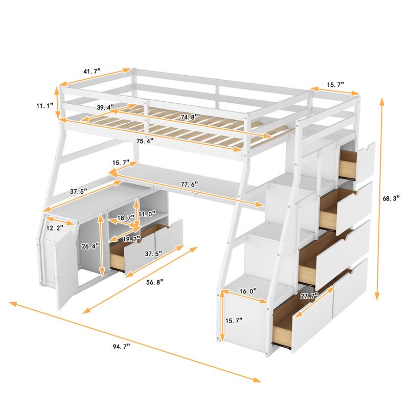 Twin Size Loft Bed with Drawers, Shelves, and Desk in White