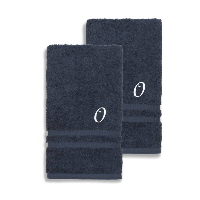 Authentic Hotel and Spa Omni Turkish Cotton Terry Set of 2 Navy Blue Hand Towels with White Script Monogrammed Initial - Navy Blue/O