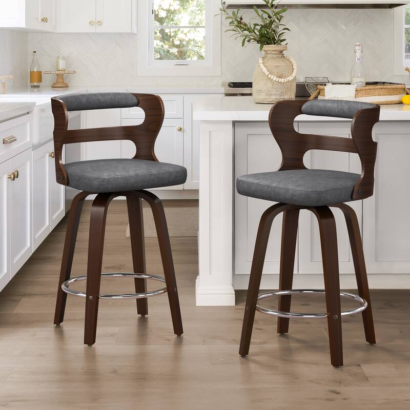 26 in. Swivel Counter Bar Stools, Bar stool with Bent Wood Legs & Round Footrest - 26" H