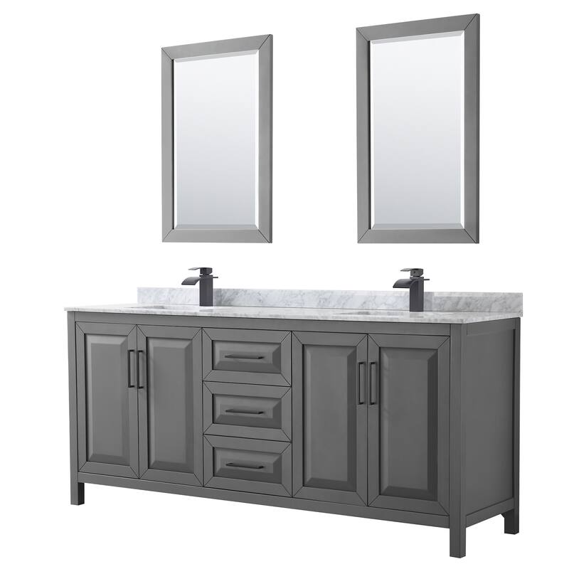 Wyndham Collection Daria 80" Free Standing Double Vanity Set with MDF - Dark Gray / White Carrara Marble Top / Matte Black - Steel Finish