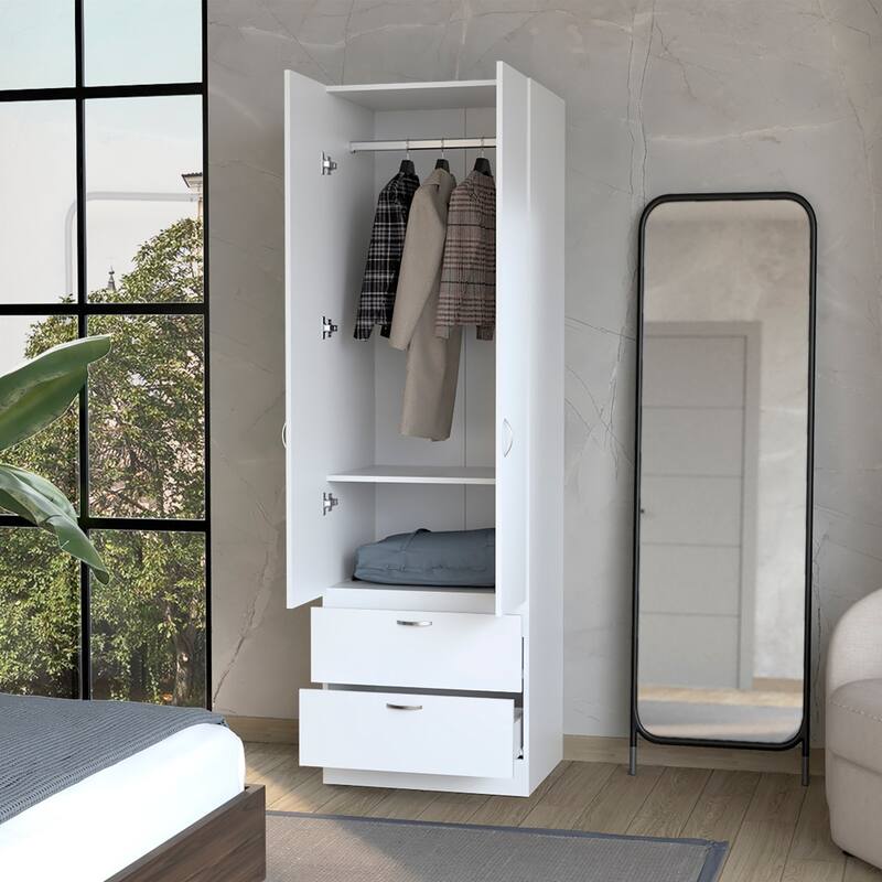 19.5" Modern Double-door Armoire with Hanging Rod, One Shelf and Two Exterior Drawers