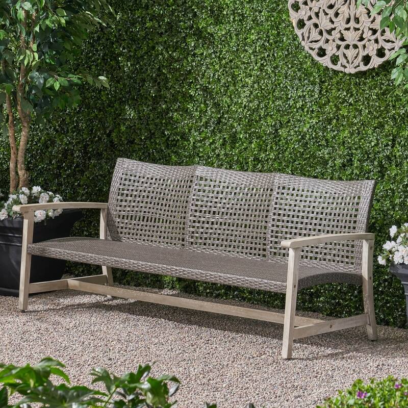 Outdoor Acacia Wood Wicker 3 Seater Sofa, Patio Furniture Conversation Set for Backyard