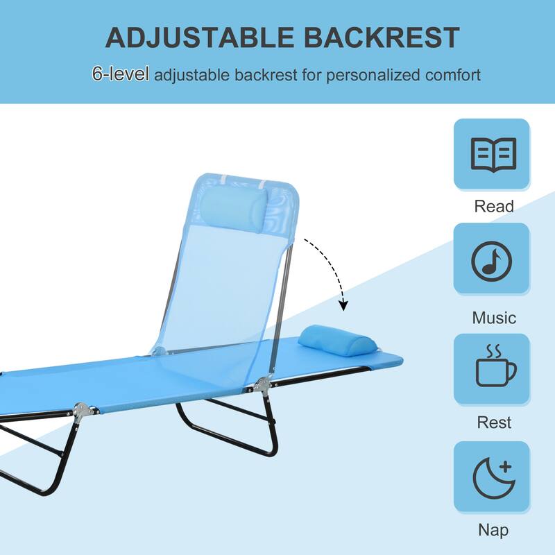 Outdoor Foldable Chaise Lounge Chair Pool Mesh Seat with Adjustable Backrest and Padded Headrest for Beach Yard Patio