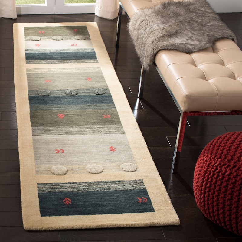 SAFAVIEH Handmade Himalaya Mosaic Modern Wool Rug - 2'3" x 8' Runner - Cream/Blue