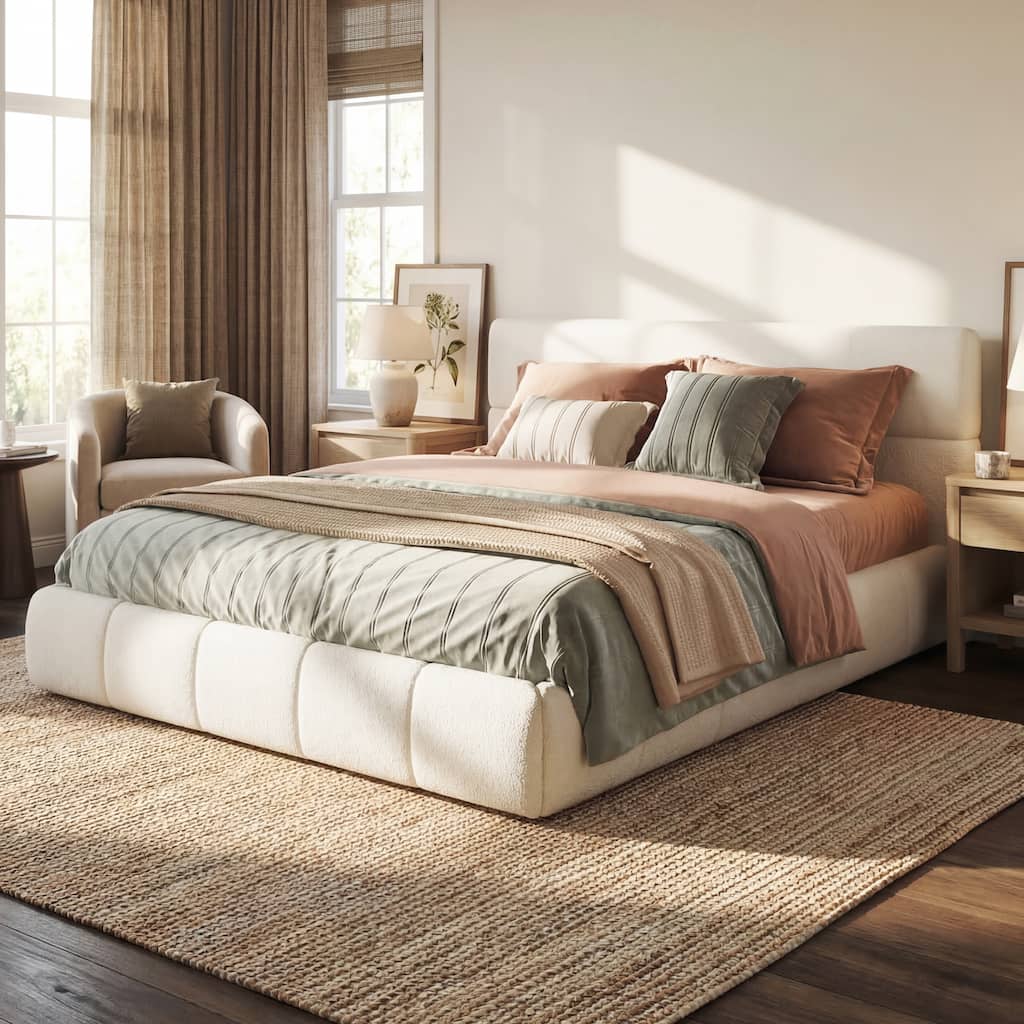 Christopher Knight Home - Sio Modern Boucle Upholstered Platform Bed Frame with Wooden Slats Support, No Box Spring Needed