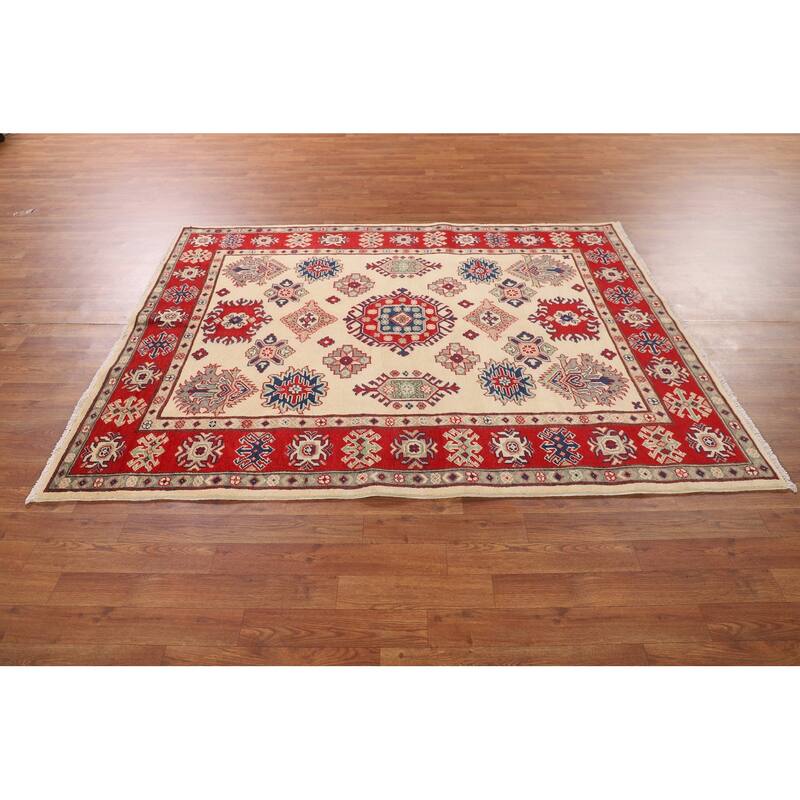 Geometric Kazak Area Rug Hand-Knotted Beige Wool Carpet - 5'2" x 6'6"