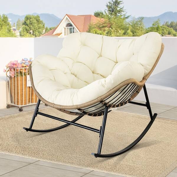 FINCATI Royal Oversized Patio Papasan Rocking Chair, Luxury Indoor and Outdoor Recliner Chair with Comfy Cushions