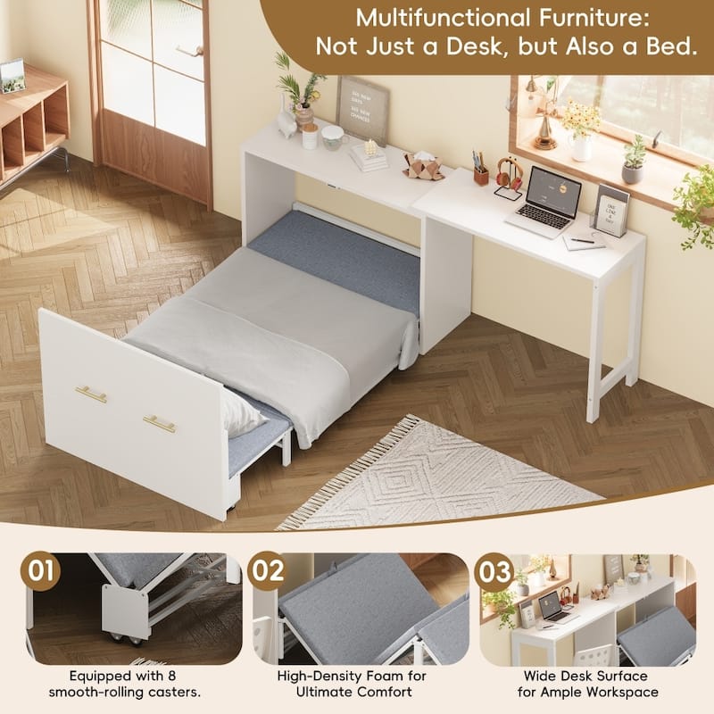 79.92" Elegant Twin Size Murphy Chest Dresser Bed with Adjustable Desk and Foldable Cushion