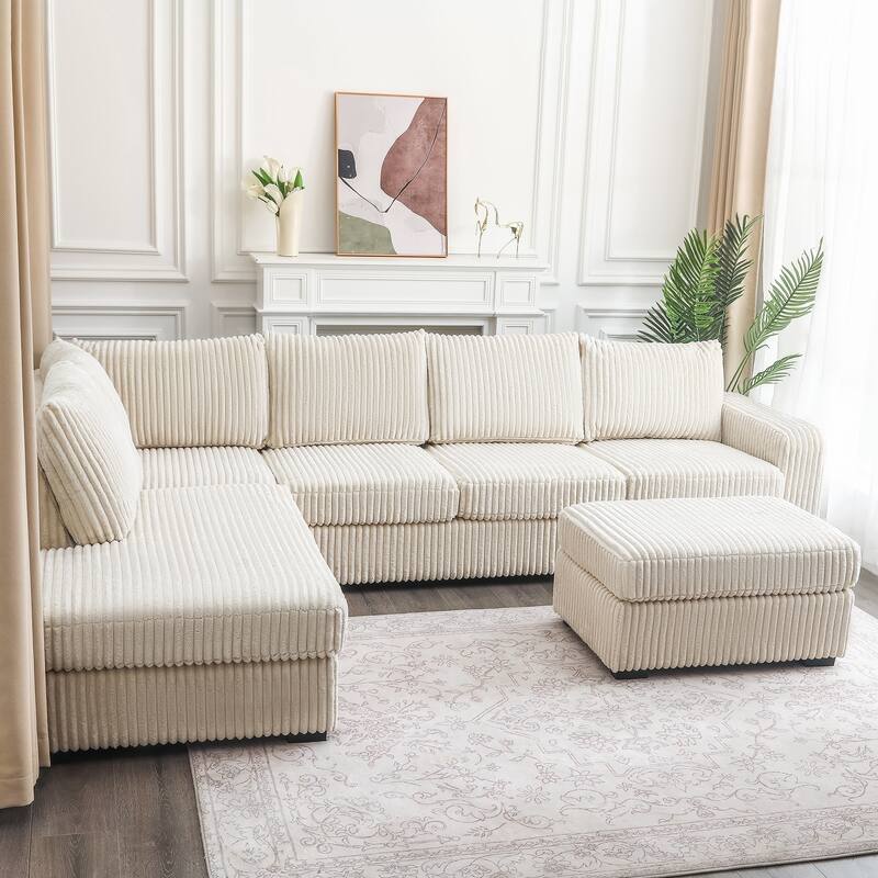 Adeco Modern L-Shape Sectional Sofa Set with Ottoman - 115.5"X81.25"X33.5" - Off-White