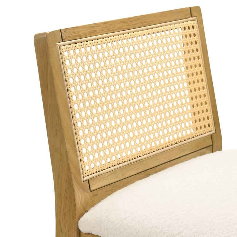 Tobias Rattan and Wood Bar Stool, Counter Height Kitchen Stool with White Boucle Fabric Upholstered Seat