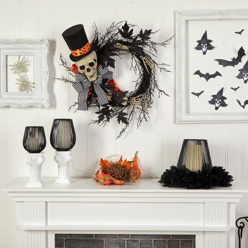 Dapper Skeleton with Ribbon Artificial Halloween Wreath, 26-Inch, Unlit