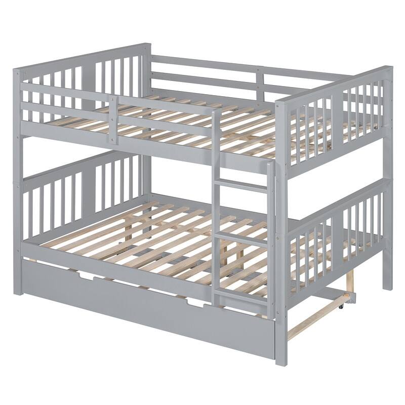 Full over Full Bunk Bed with Twin Size Trundle and Ladder-Gray