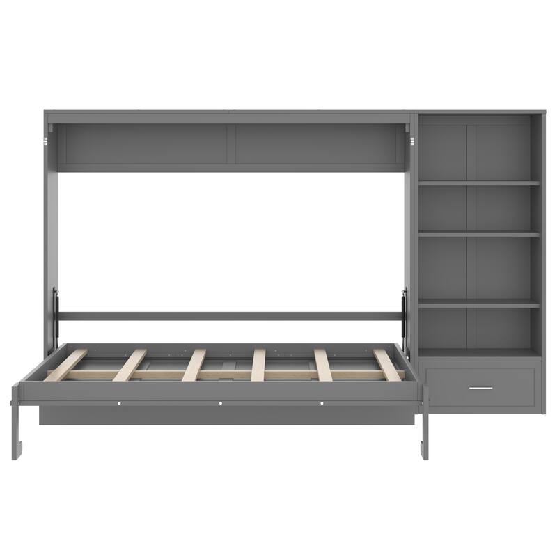 Murphy Bed Foldable Platform Bed Frame Queen Size Wall Bed with Drawer and Storage Cabinet Adjustable Height Compartments Shelf