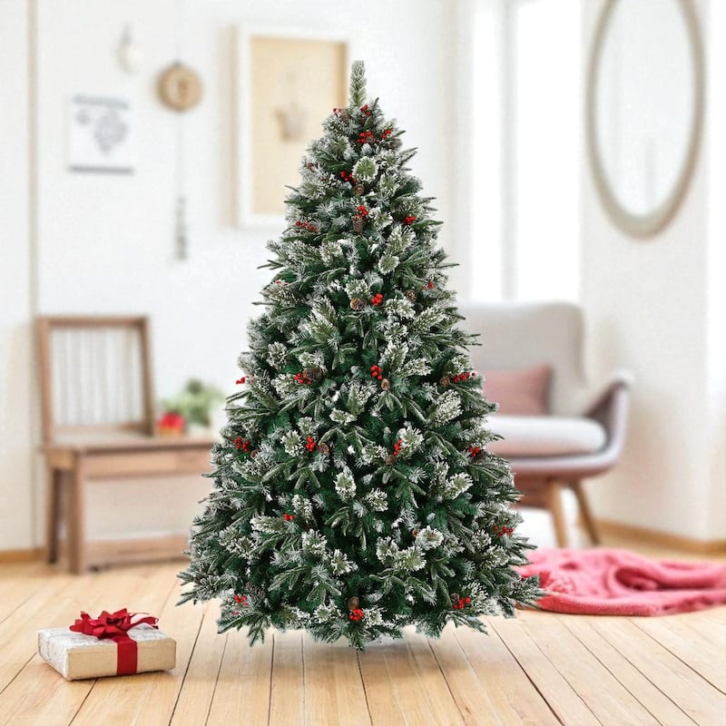 8ft Snow Frosted Artificial Christmas Tree with 1550 Tips, Pinecones, Berries and Metal Stand