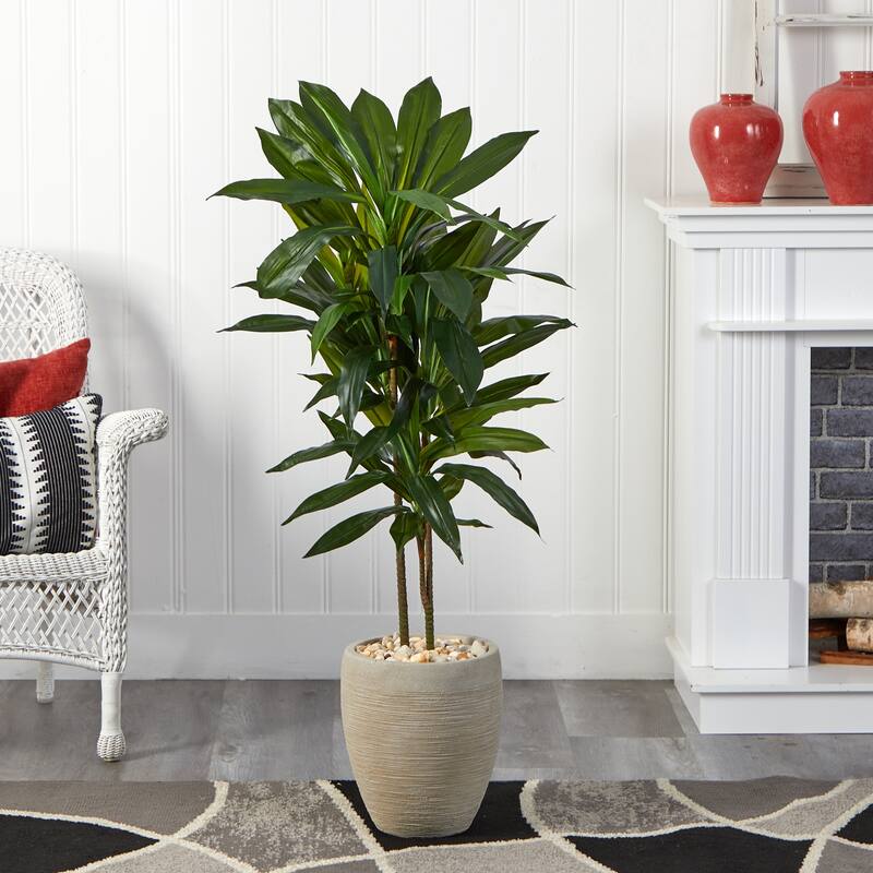 Artificial 4-foot Dracaena Plant in Sand Colored Planter (Real Touch) - Green