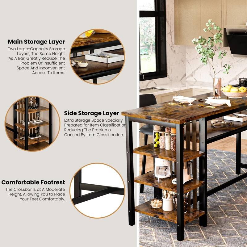 3-Piece Dining Room Table Set with 2 Upholstered Bar Stools, Modern Farmhouse Bar Table Set for 2 with Multiple Tier Shelves