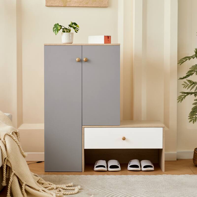 Double Door Wood Shoe Cabinet with Bench, Freestanding Storage Shoe Rack with Adjustable Shelves for Entryways or Hallways