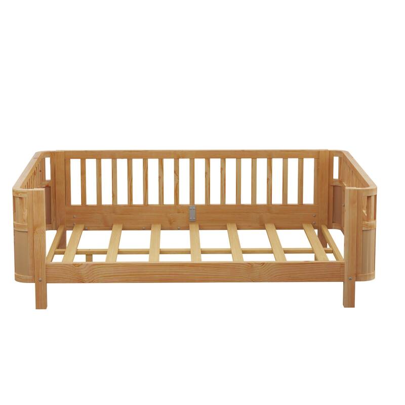 Kids Platform Bed Toddler Low Platform Wood Bed with Removable Guardrail, Rounded Corner Design Bed Frame to Protect Children