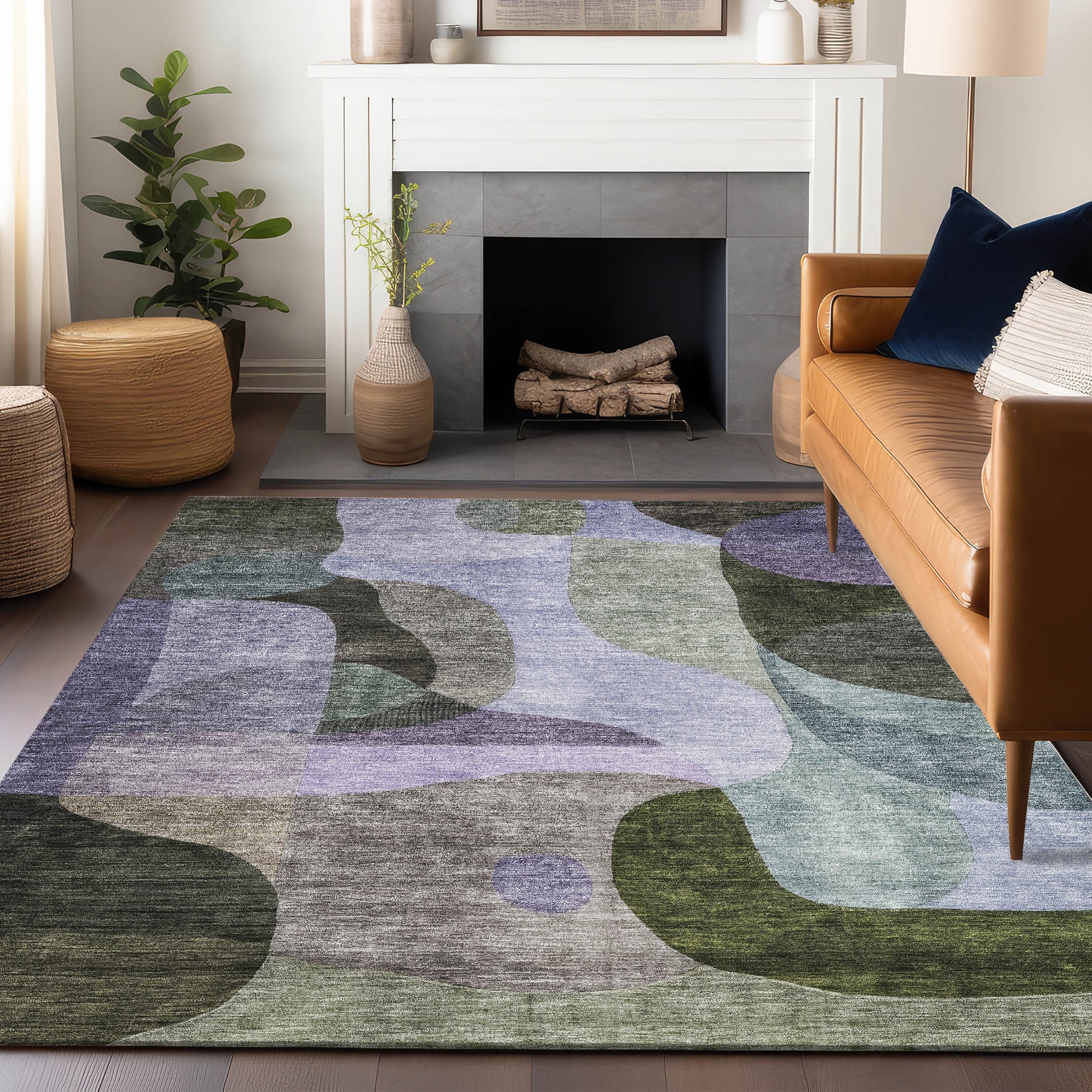 Machine Washable Indoor/ Outdoor Abstract Contemporary Chantille Rug