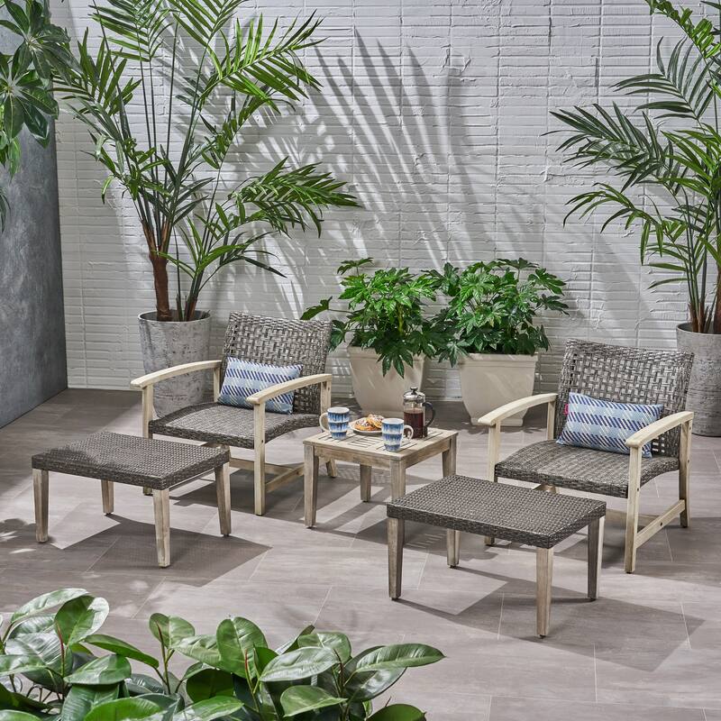Hampton Outdoor 5-piece Mid-Century Wicker Chat Set by Christopher Knight Home - Mixed Black, Light Gray Washed Finish