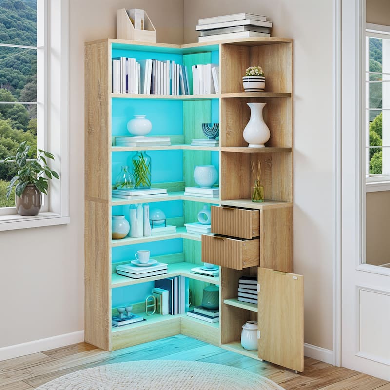 Moasis Modern LED Corner Bookshelf Fluted Bookcase with Drawers for Living Room