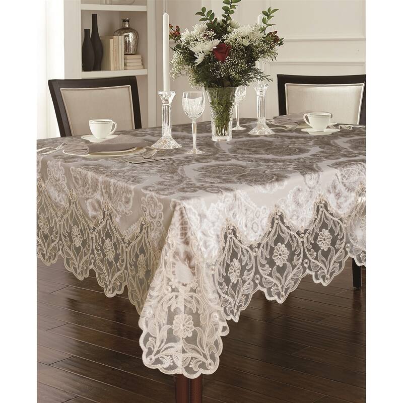 Violet Linen Deluxe Elegant Velvet Lace Sheer Floral Pattern Tablecloth