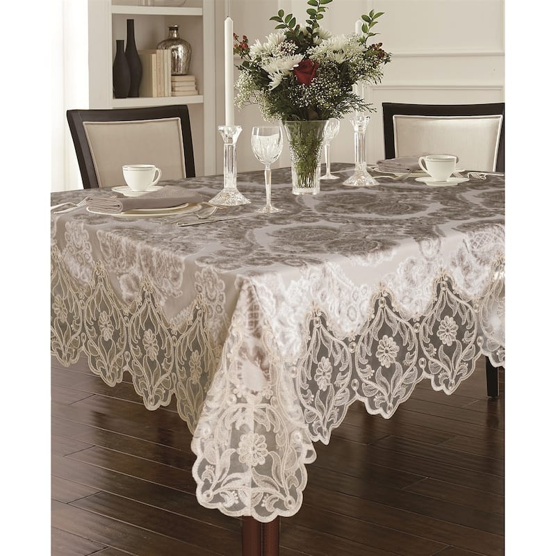 Violet Linen Deluxe Elegant Velvet Lace Sheer Floral Pattern Tablecloth