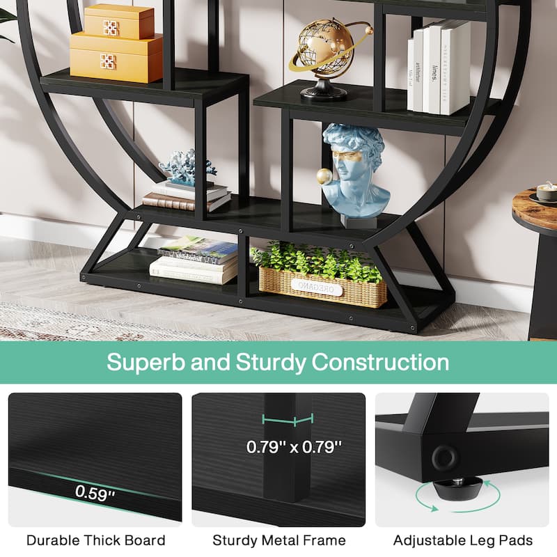 Industrial Round Bookshelf with 14 Shelving Units, Indoor Plant Stand - 11.81"D x 59.05"W x 62.59"H