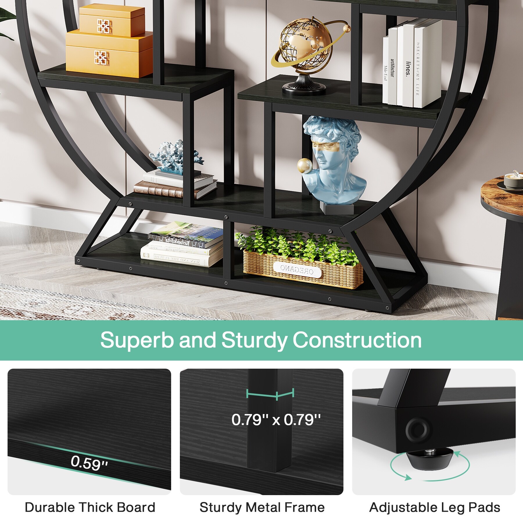 Industrial Round Bookshelf with 14 Shelving Units, Indoor Plant