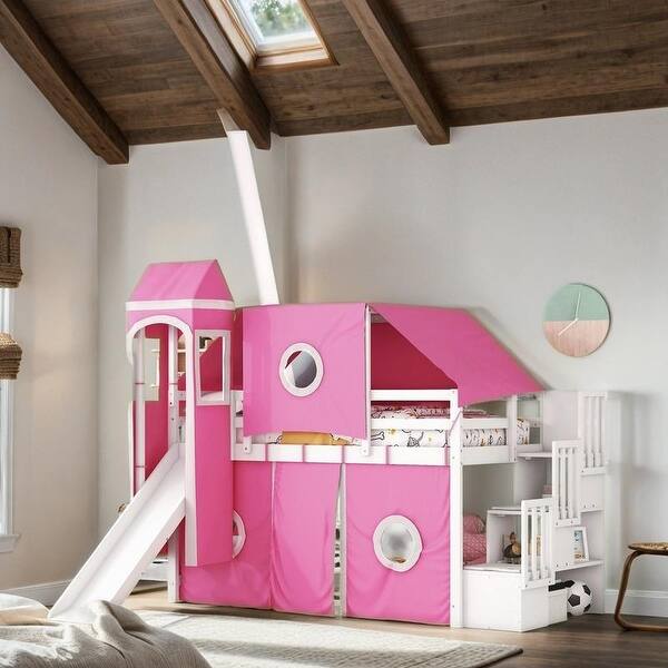 slide 2 of 38, Playhouse Full Size Bunk Bed with Slide Pink Tent and Tower, Pink Pink