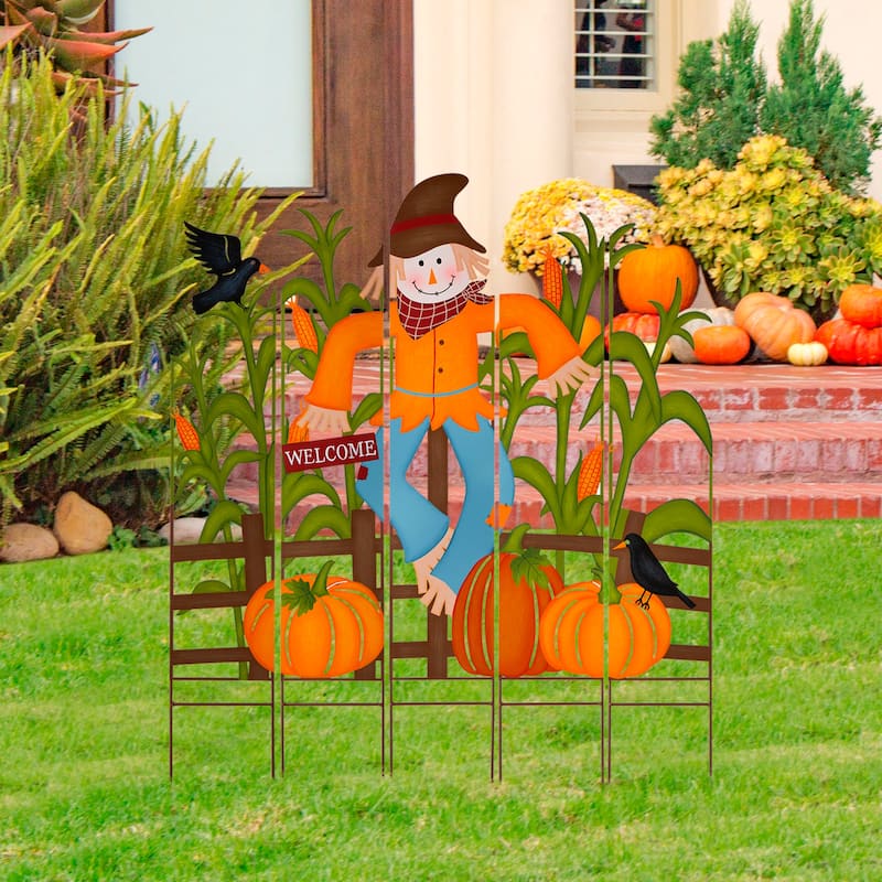 Glitzhome Welcome Fall Metal Scarecrow Corns Pumpkin Fence Yard Stake Halloween Thanksgiving Decor